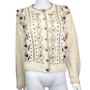 Russ Petites Acrylic Knit Cardigan Sweater Embroidered Ivory Button Front L
